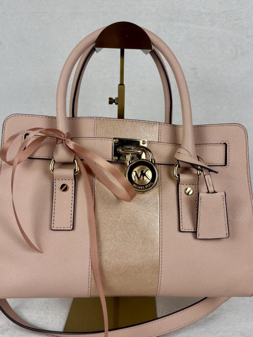Michael Kors Hamilton Center Stripe Satchel in Blush Saffiano Leather